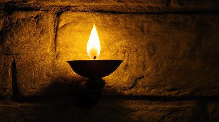 A beautiful candle flame flickers softly against a rustic stone wall, casting warm light and shadows that create a serene and inviting atmosphere in any cozy indoor space.の素材