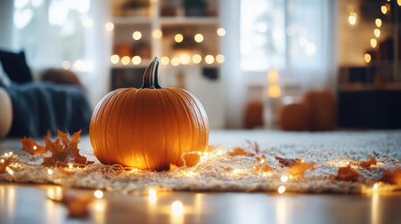 This lovely autumn scene features a bright orange pumpkin surrounded by soft lights and fallen leaves, creating a warm and inviting atmosphere perfect for seasonal decor.の素材