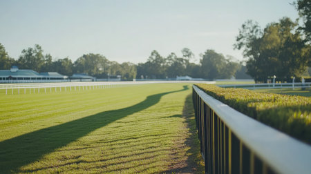 Enjoy a peaceful morning view of a horse racing track featuring lush green grass and a wooden fence casting long shadows under bright sunlight.の素材