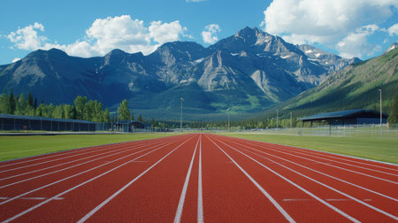 A stunning red athletic track stretches toward enchanting mountains, offering a perfect backdrop for various training and outdoor activities in a serene natural setting.の素材