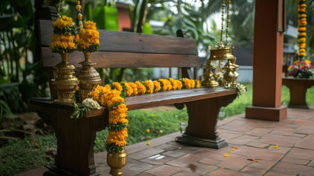A charming outdoor scene featuring a wooden bench beautifully decorated with vibrant yellow marigold flowers and traditional lamps, perfect for celebrations and relaxation in a tropical garden setting.の素材