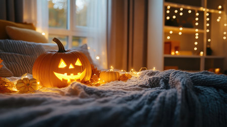 A cozy bedroom scene featuring a smiling Jack-O'-Lantern surrounded by warm fairy lights, creating an inviting atmosphere perfect for Halloween celebration and autumn nights.の素材
