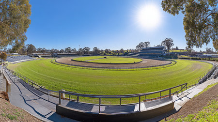A stunning panoramic view of a horse racing track surrounded by vibrant grass and clear blue skies, capturing the essence of outdoor sporting events on a bright sunny day.の素材