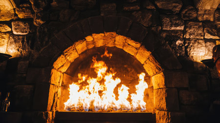 A stunning display of flames dancing in a rustic stone fireplace creates a cozy and inviting atmosphere, perfect for winter evenings and relaxation by the glow of the fire.の素材