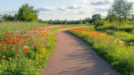 A peaceful pathway meanders through a vibrant wildflower display in a lush green landscape, under a bright blue sky adorned with soft clouds, perfect for a tranquil outdoor escape.の素材