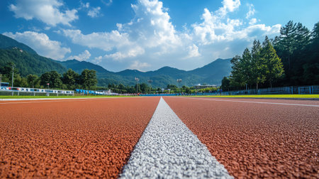 A stunning view of an outdoor running track featuring a vibrant orange surface, framed by scenic mountains and a beautiful blue sky with clouds, ideal for sport and fitness themes.の素材