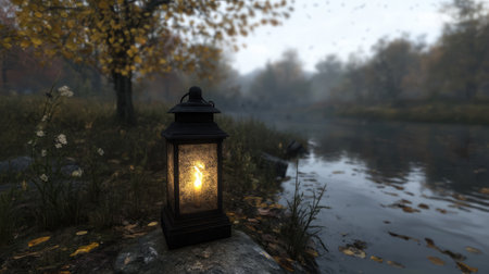 A rustic lantern casts a warm glow by a tranquil riverbank, surrounded by autumn leaves and gentle water reflections, evoking a serene and peaceful nature scene.の素材