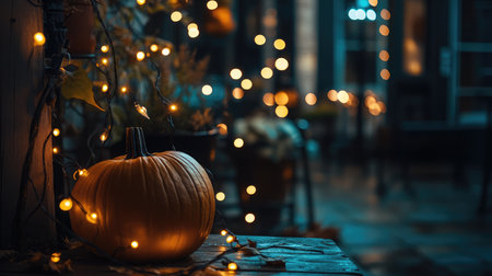 A beautifully lit pumpkin adorned with fairy lights creates an inviting atmosphere in an outdoor setting, capturing the essence of autumn and Halloween celebrations during twilight hours.の素材