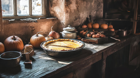 A charming rustic kitchen showcases a freshly baked pumpkin pie on a wooden table, surrounded by autumn vegetables, creating a warm and inviting atmosphere.の素材