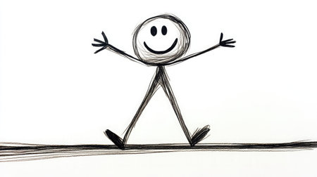 A simple stick figure with a joyful smile walks confidently on a line, symbolizing happiness and positivity, ideal for various creative projects or design elements.の素材
