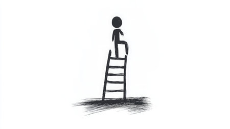 This illustration features a stick figure balancing on a tall ladder, symbolizing ambition and the pursuit of goals. It represents overcoming challenges and striving for success.の素材