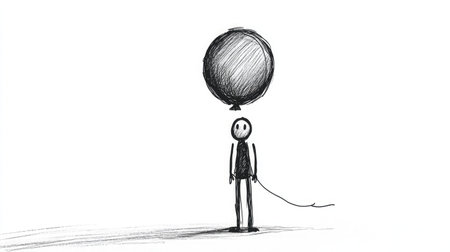 A minimalist illustration featuring a solitary figure holding a large balloon, symbolizing introspection and emotional depth in a monochromatic setting.の素材