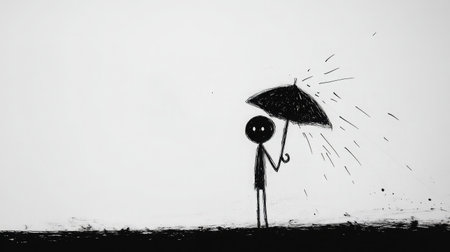 This minimalist illustration features a stick figure holding an umbrella in the rain, showcasing artistic expression through monochrome shades and dynamic splashes.の素材