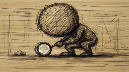A whimsical sketch of a character crouching and inspecting a small object with a magnifying glass, capturing the essence of curiosity and detail in a minimalistic artistic style.の素材