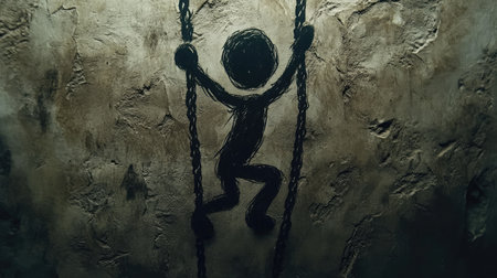 Creative illustration of a stick figure climbing chains against a textured wall, representing resilience and determination in overcoming obstacles and struggles in life.の素材
