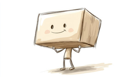 This whimsical cartoon character joyfully carries a large light brown box, embodying themes of delivery and creativity in a cheerful and playful illustration suitable for various projects.の素材