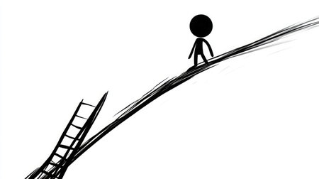 This minimalist black and white illustration features a stick figure on a hill next to a leaning ladder, symbolizing the journey of growth and overcoming life's challenges.の素材