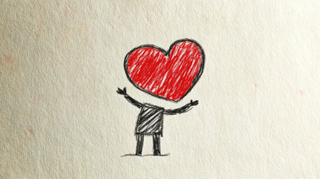 This charming illustration features a playful character with a heart-shaped head, symbolizing love and joy. Perfect for projects around emotions and creativity.の素材