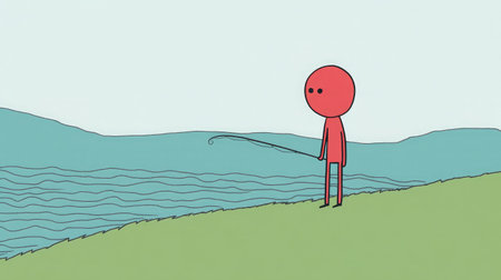 This whimsical minimalist illustration depicts a simple red character fishing by a tranquil lake. The soft colors and serene landscape enhance the feeling of relaxation and leisure.の素材
