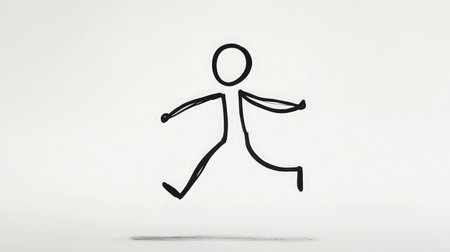 This creative line drawing depicts a joyful stick figure in motion, symbolizing energy and activity. Perfect for designs that require a fun and playful touch.の素材
