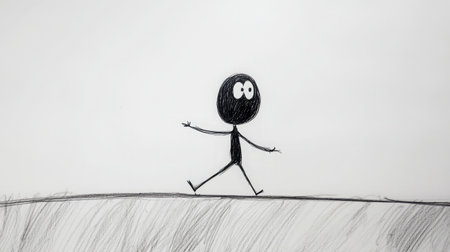 A charming animated character features a simple design with a black round head and stick body, walking on a plain background, evoking feelings of joy and creativity.の素材