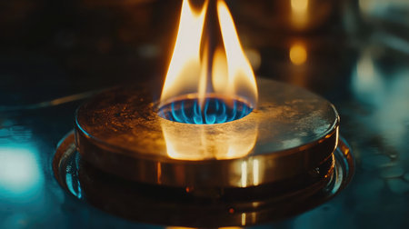 A striking close-up captures a vibrant flame emerging from a gas burner, illuminating the polished surface around it, creating a captivating visual of fire in the kitchen.の素材