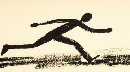 A striking black silhouette of a running figure captures the essence of motion and energy in a minimalist style, ideal for creative projects and artistic expression.の素材