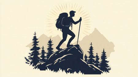 A vintage-style illustration of a hiker on a rock, surrounded by pine trees and mountains, capturing the spirit of adventure and love for nature exploration.の素材