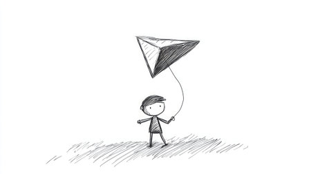 A charming illustration of a young boy with a kite shaped like a triangle, embodying themes of playfulness and creativity. Ideal for projects celebrating childhood joy.の素材