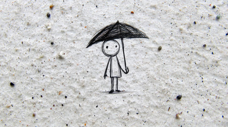 A charming hand-drawn figure with an umbrella stands against a textured background. This creative and whimsical illustration evokes feelings of simplicity and playful protection.の素材