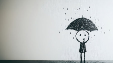 This illustration features a stick figure under an umbrella, expressing surprise amid falling rain. The minimalistic design evokes emotions of wonder and imagination.の素材