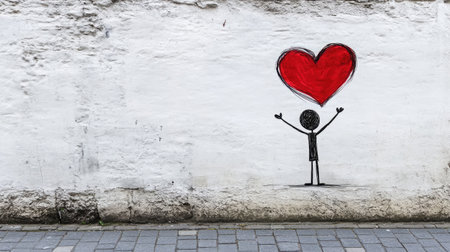 This striking mural showcases a stick figure holding a vibrant red heart, expressing themes of love and connection against a textured white wall in an urban setting.の素材