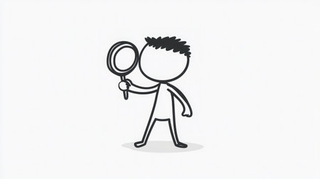 A simple and creative illustration of a stick figure character holding a magnifying glass, symbolizing discovery and exploration in various projects and concepts.の素材