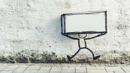 This whimsical illustration features a stick figure energetically carrying a blank sign against a textured wall background, representing creativity and the art of communication.の素材