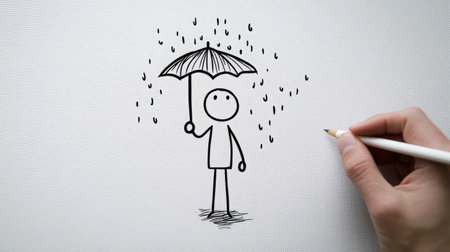 A charming hand-drawn stick figure with an umbrella amidst falling rain, capturing the essence of simplicity and creative expression in a whimsical and artistic style.の素材