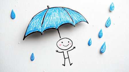 A delightful cartoon character with a bright blue umbrella joyfully plays in the rain, surrounded by colorful blue droplets, showcasing a whimsical atmosphere of happiness.の素材