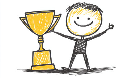 A joyful stick figure holds up a golden trophy, expressing happiness and celebration of success in a playful drawing style, perfect for motivational themes.の素材