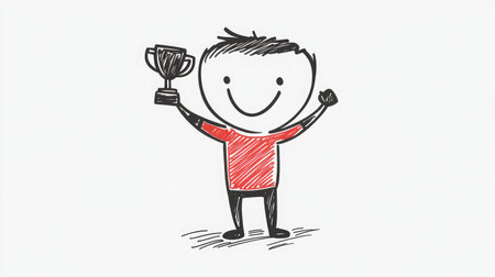 Joyful cartoon character holding a trophy, celebrating success with a beaming smile. Perfect for representing achievement and enthusiasm in creative projects.の素材