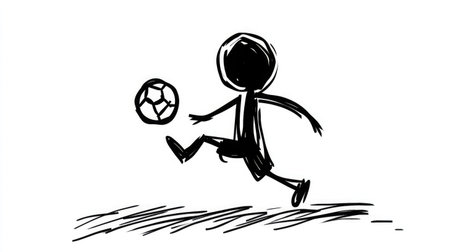 An energetic stick figure character in motion, joyfully kicking a soccer ball, encapsulating the spirit of sports and playfulness in a minimalist drawing style.の素材