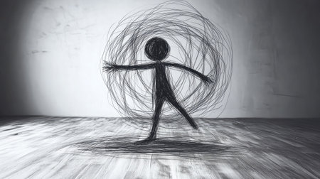 An artistic illustration featuring a stick figure in motion surrounded by swirling lines, conveying themes of creativity, freedom, and dynamic expression in a minimalist setting.の素材
