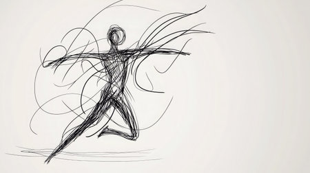 This abstract sketch captures an energetic human figure in motion, with flowing lines illustrating vitality and creativity, perfect for artistic and design projects.の素材