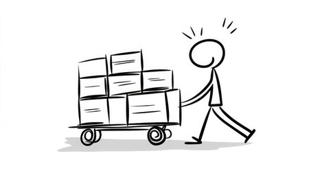 A playful stick figure pushes a cart filled with boxes, representing transportation and delivery concepts in a creative and engaging way suitable for various contexts.の素材