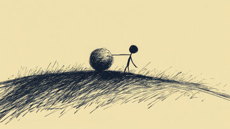 A simple yet profound representation of life's struggles depicted through a stick figure pushing a large stone uphill, symbolizing perseverance and personal growth against challenges.の素材