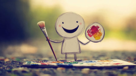Whimsical illustration of a cheerful cartoon character holding a paintbrush and a colorful palette, embodying creativity and joy in a vibrant outdoor setting perfect for art lovers.の素材