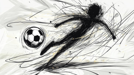 An artistic representation of a soccer player in motion, depicted in bold strokes and abstract style, showcasing the energy and excitement of kicking a soccer ball.の素材