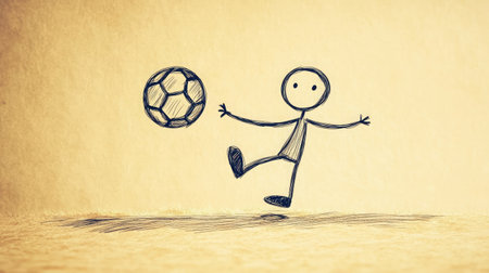 A charming sketch of a stick figure happily kicking a soccer ball, ideal for playful sports themes, creative projects, and showcasing joy in activities.の素材
