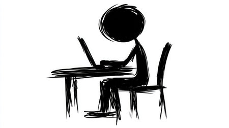 This illustration features a stick figure engaged in work on a laptop at a simple desk, highlighting themes of remote work, creativity, and modern lifestyle in a minimalistic design.の素材