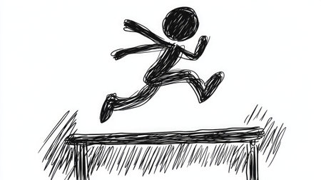 A simple stick figure leaps over a hurdle, symbolizing determination and overcoming obstacles. Ideal for themes of motivation, sports, and personal growth in a minimalist style.の素材
