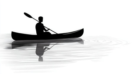 This striking silhouette image captures a person kayaking on calm water, creating gentle ripples and showcasing the beauty of outdoor adventure in a minimalist black and white style.の素材