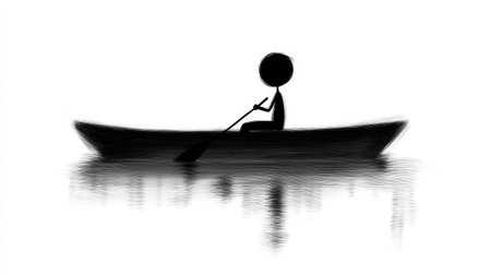 A minimalist illustration showcasing a black silhouette of a stick figure rowing a boat on calm water. The reflection adds a serene and peaceful atmosphere to the scene.の素材